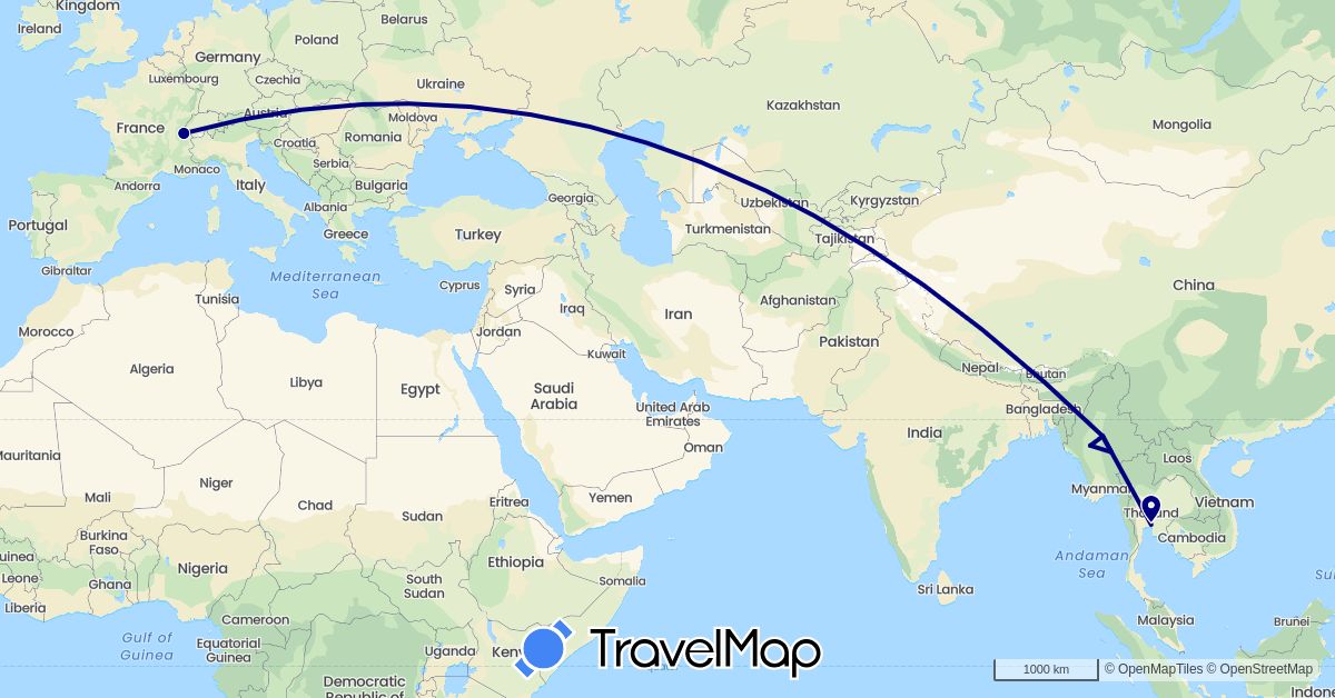 TravelMap itinerary: driving in Switzerland, Myanmar (Burma), Thailand (Asia, Europe)